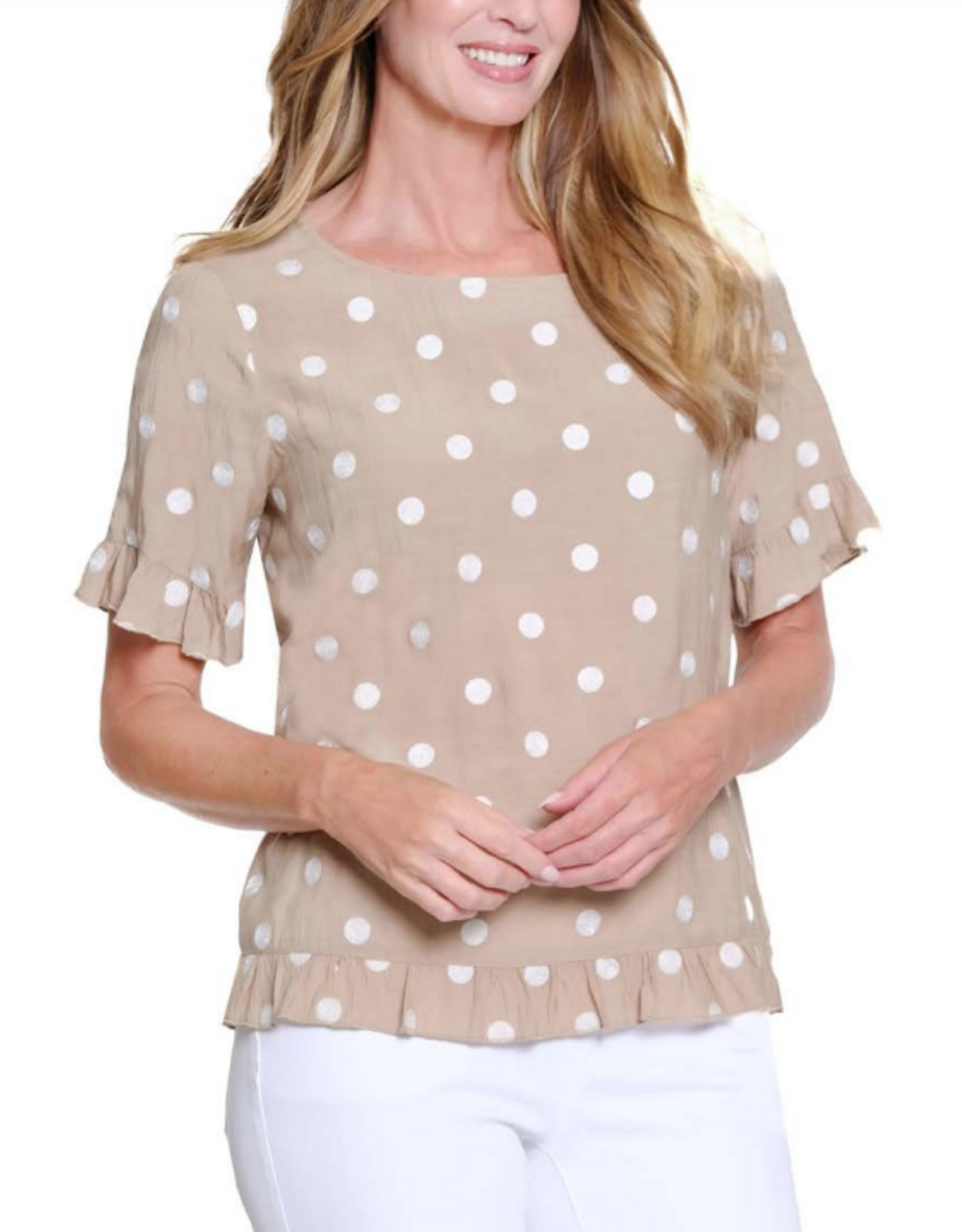 Multiples Multiples Khaki Polka Dot Print Round Neck S/S Top