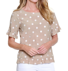 Multiples Multiples Khaki Polka Dot Print Round Neck S/S Top