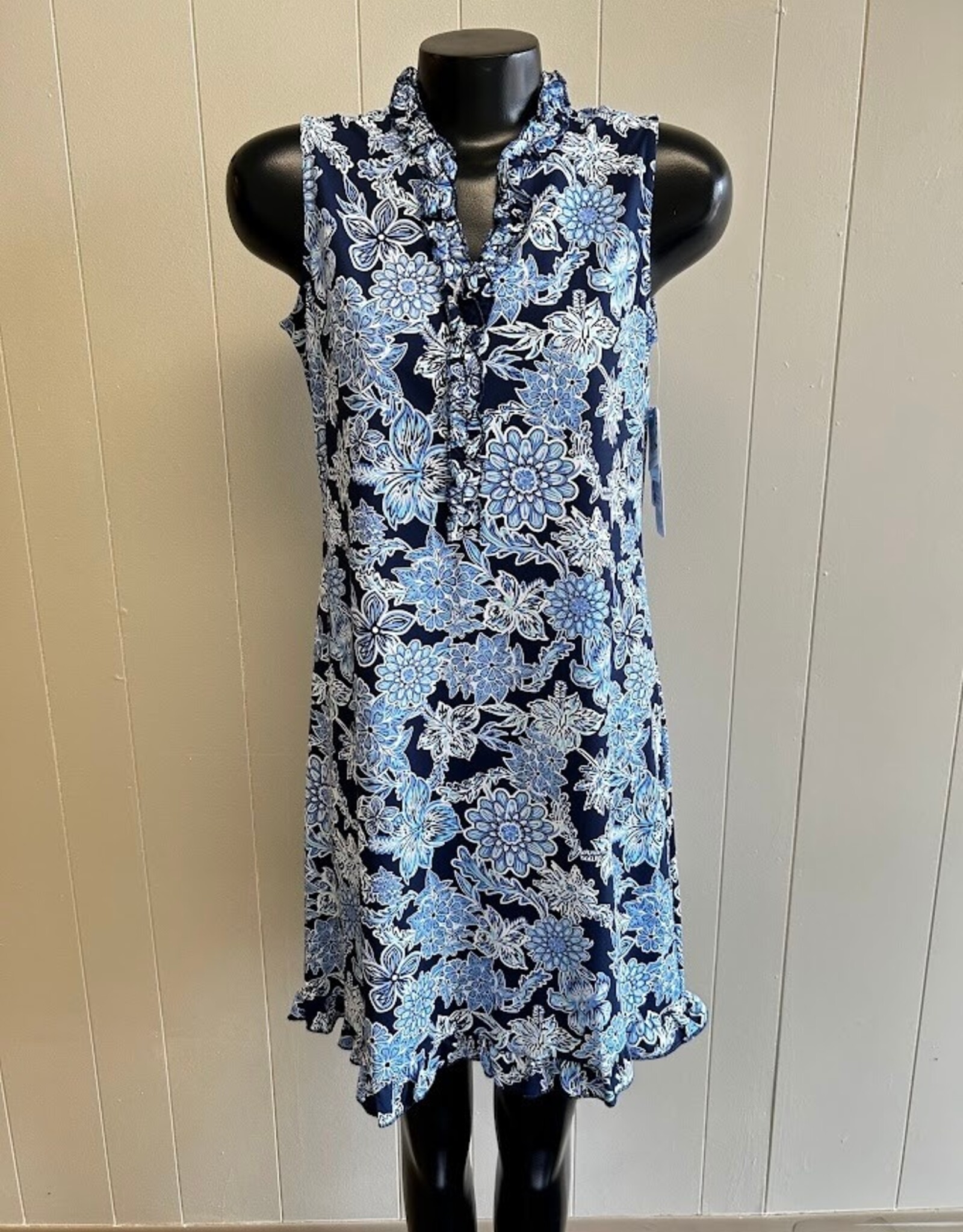 Beachtime Beach Time Navy Floral Print V-Neck Ruffle Detail Sleeveless Dress