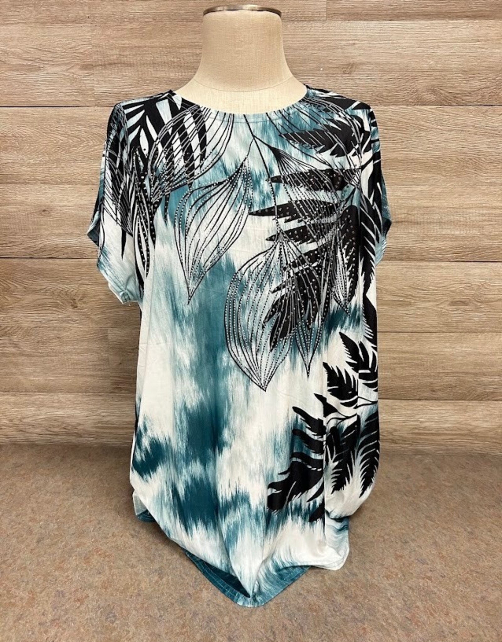 Coronet Cornet Teal Print Tunic Round Neck Short Sleeve Top