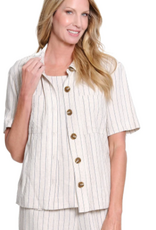 Slimasation Slimsation  Flax Stripe Button Up Short Sleeve  Short Top