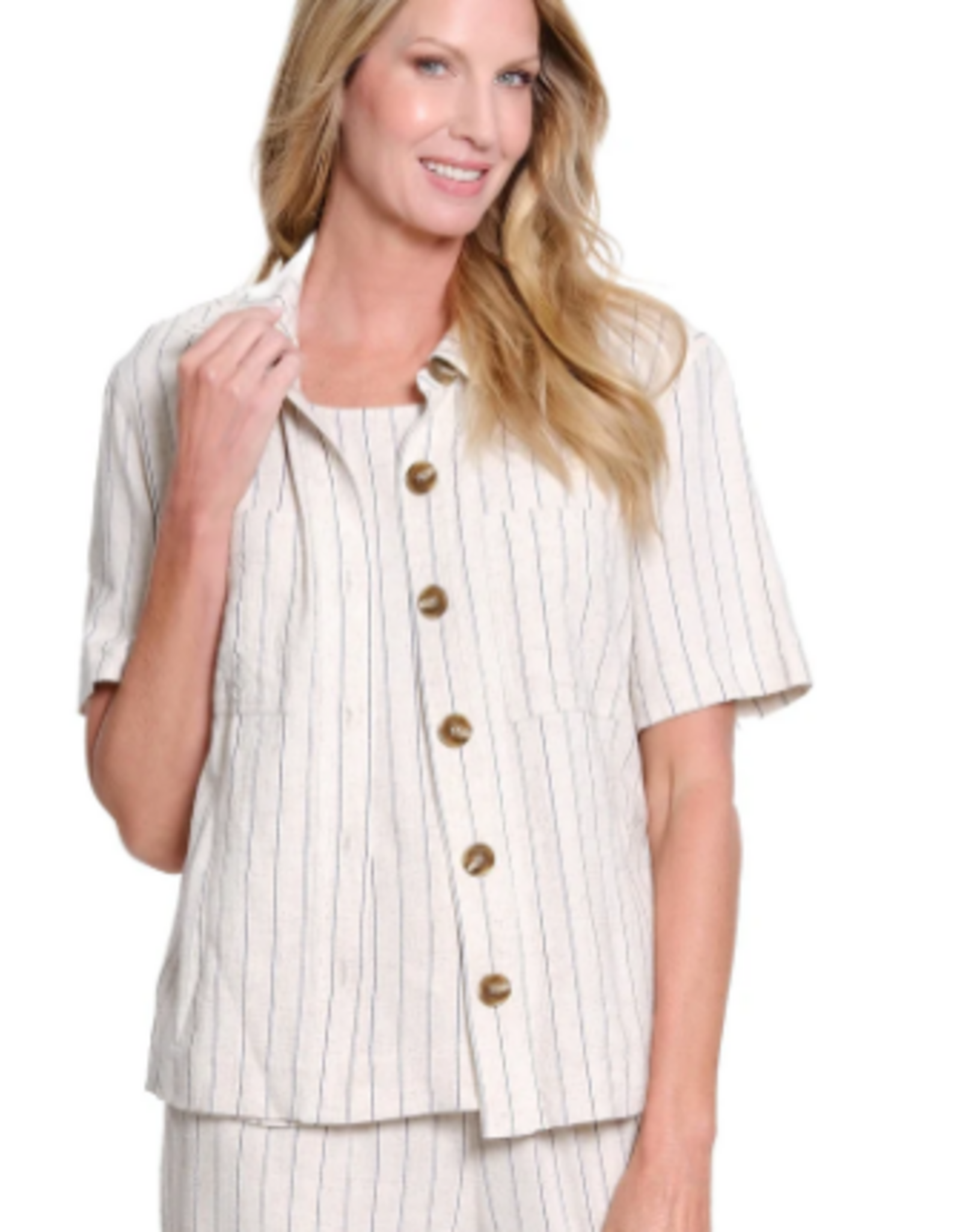 Slimasation Slimsation  Flax Stripe Button Up Short Sleeve  Short Top