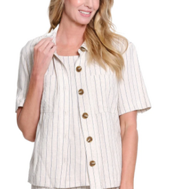 Slimasation Slimsation  Flax Stripe Button Up Short Sleeve  Short Top