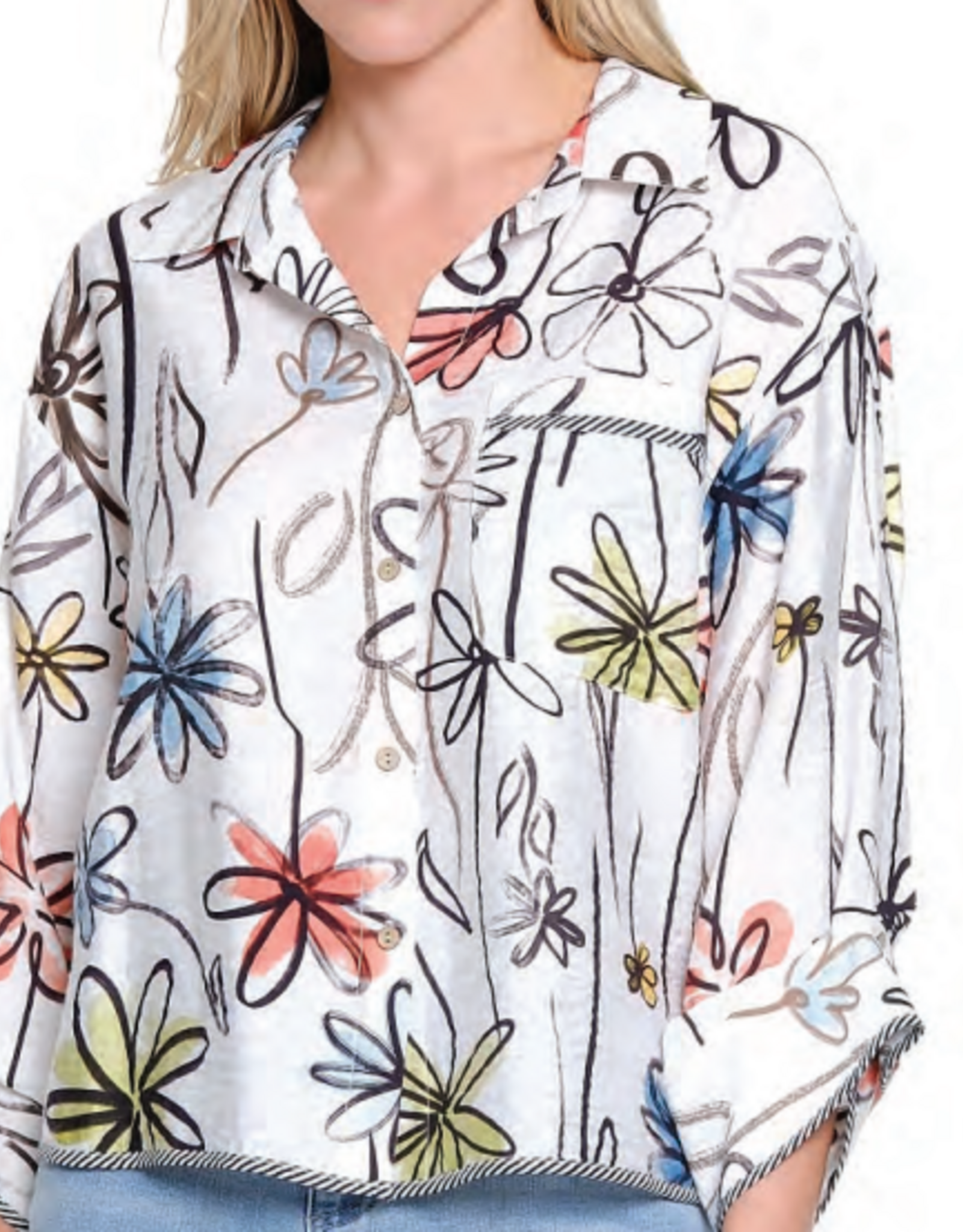 Tru Luxe Tru Luxe T White Bright Floral Print Button Up 3/4 Sleeve Top