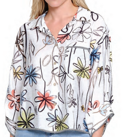 Tru Luxe Tru Luxe White Bright Floral Print Button Up 3/4 Sleeve Top