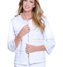 Multiples Multiples White Embriodery Fringe Hem Open Front Jacket
