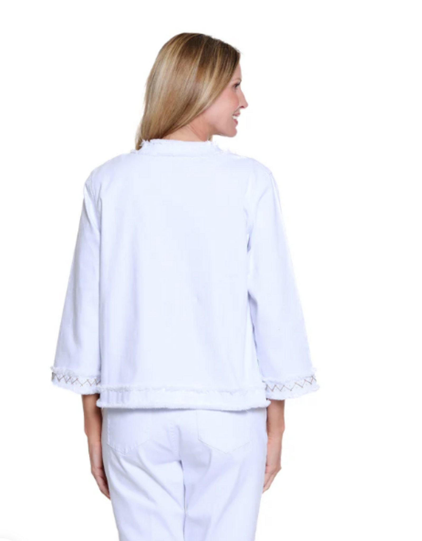 Multiples Multiples White Embriodery Fringe Hem Open Front Jacket