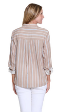 Multiples Multiples M26412BM Khaki Stripe Button Up Roll Tab Sleeve Top