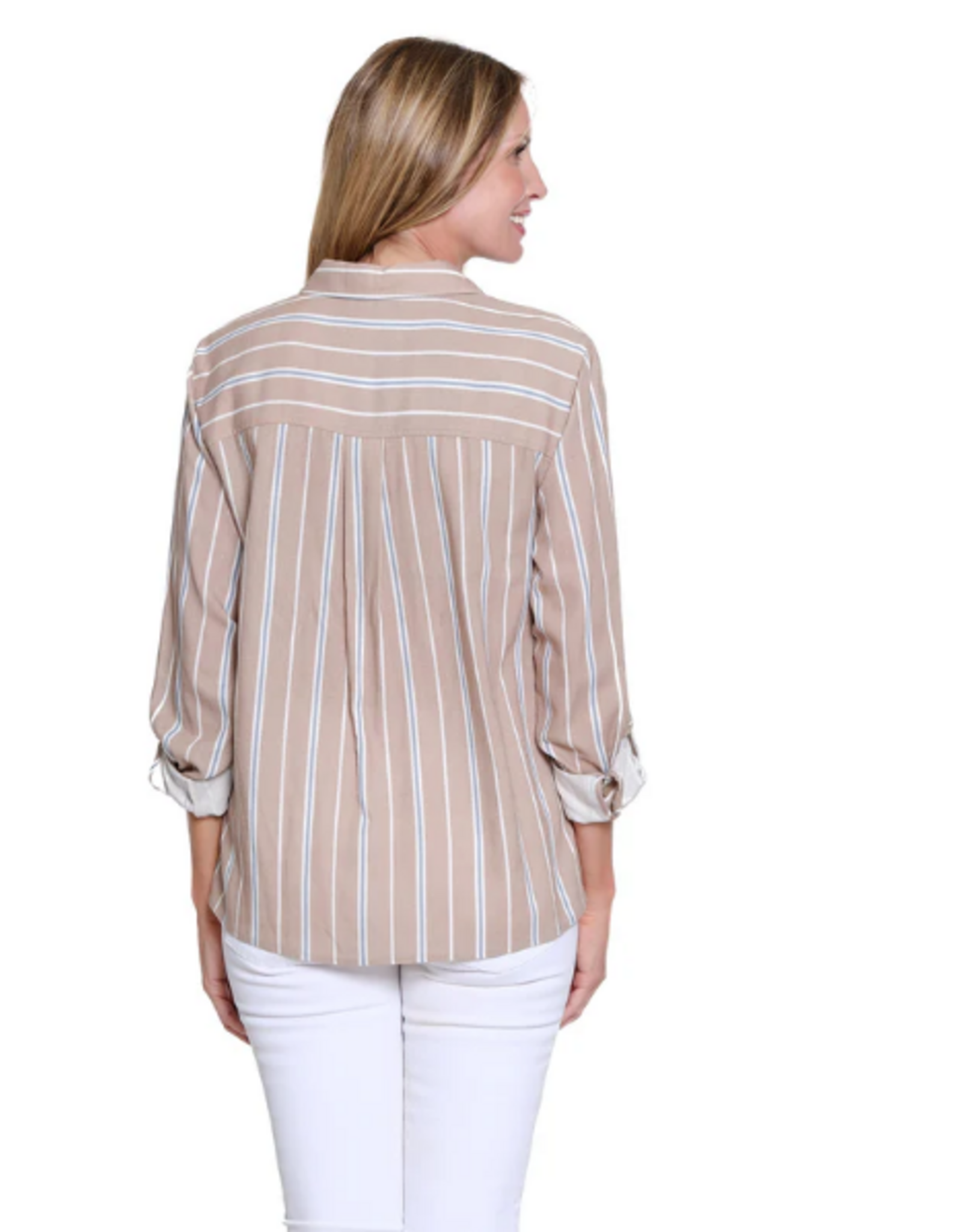 Multiples Multiples M26412BM Khaki Stripe Button Up Roll Tab Sleeve Top