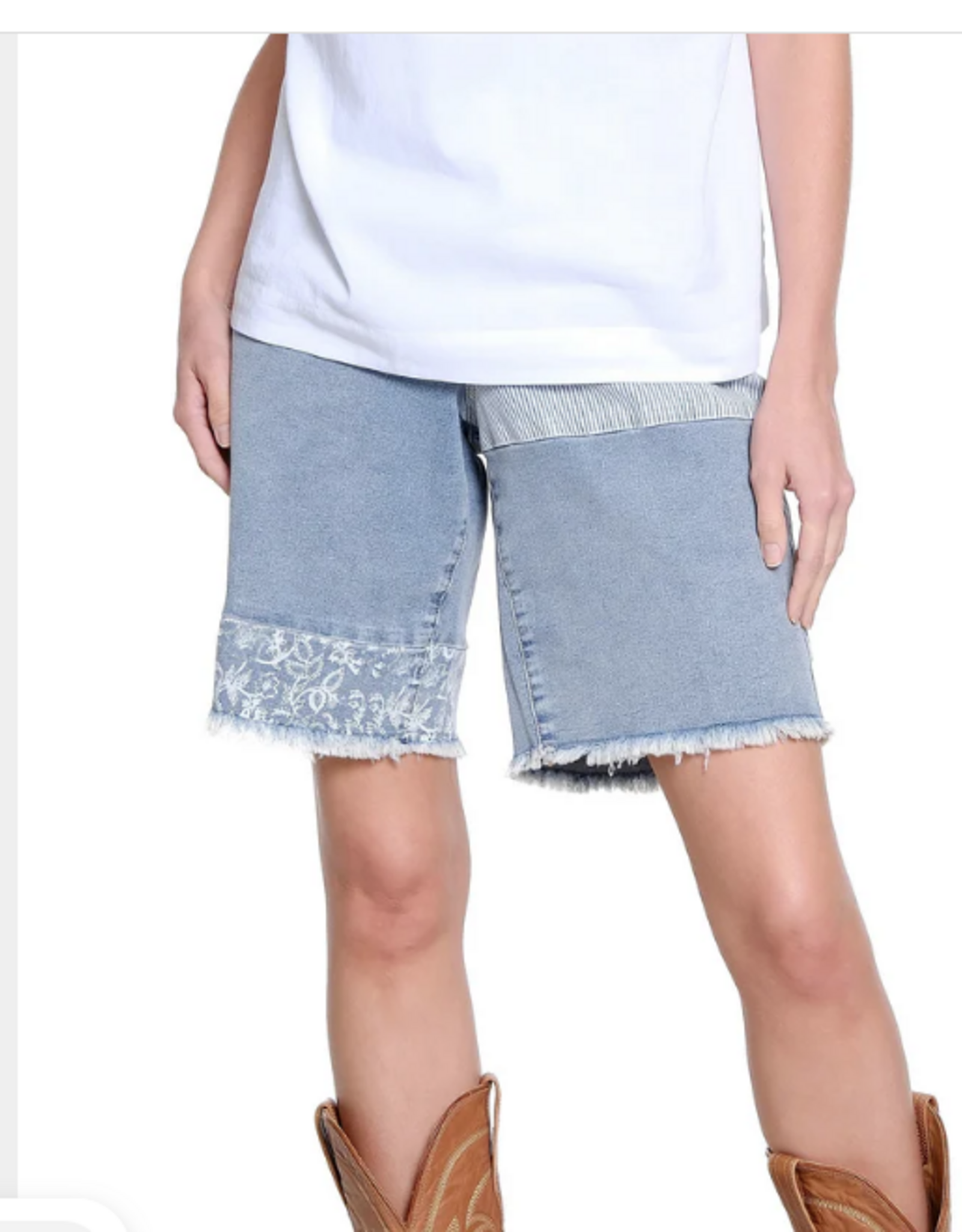 Tru Luxe Tru Luxe  Light Indigo Patched Detail Denim Shorts