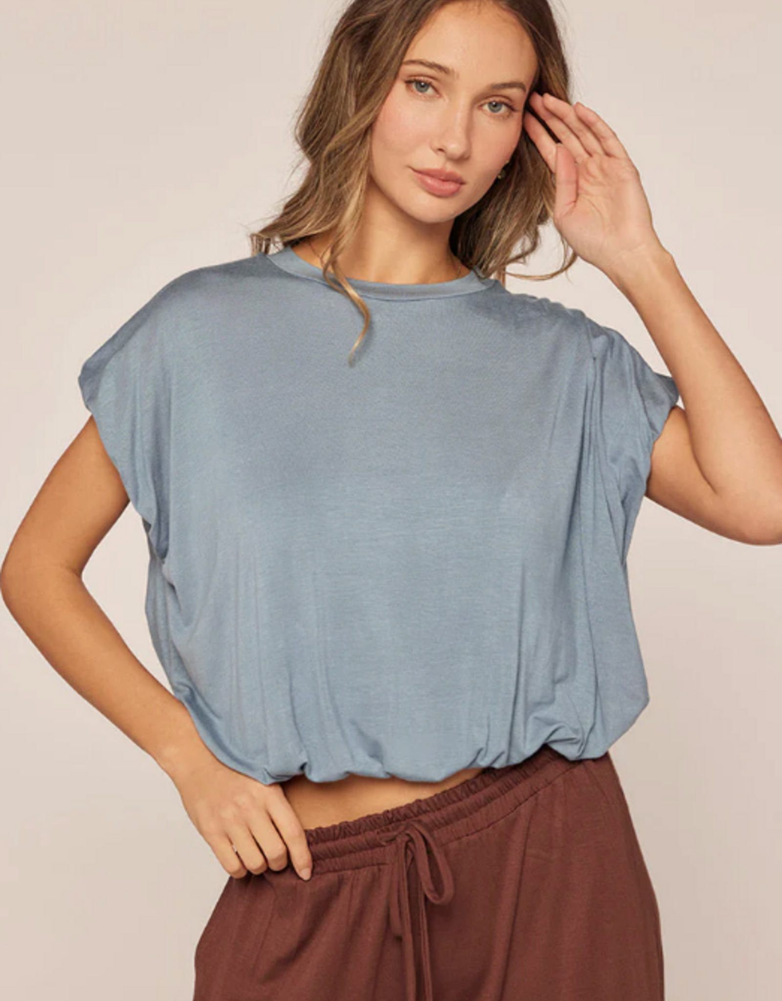 Kylie Paige Kylie Paige Mineral Blue Taylor Curved Neckline Short Sleeve Top