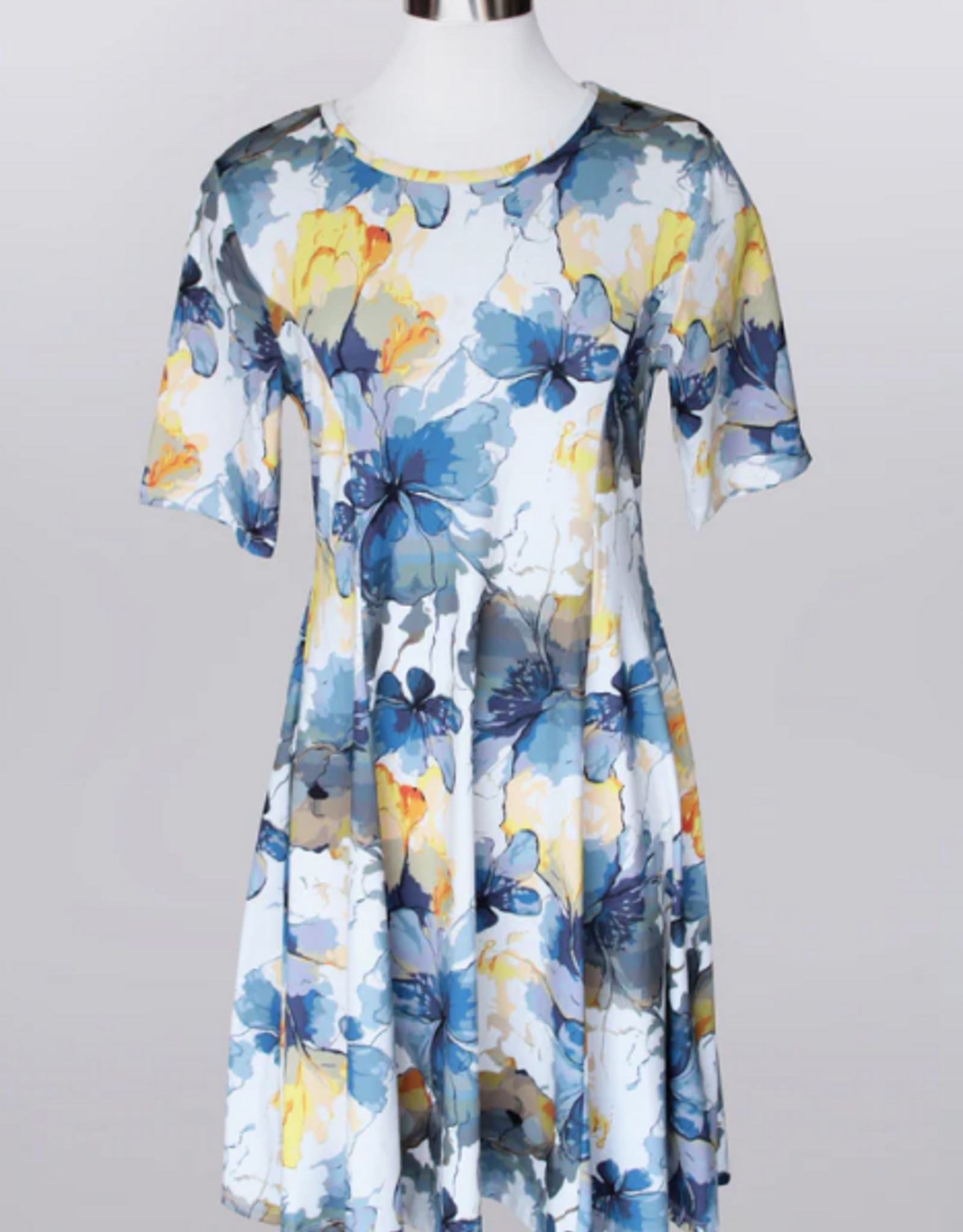 Keren Hart Keren Hart Blue/Yellow Floral Print Round Neck Short Sleeve  Dress