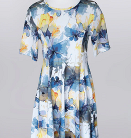Keren Hart Keren Hart Blue/Yellow Floral Print Round Neck Short Sleeve  Dress