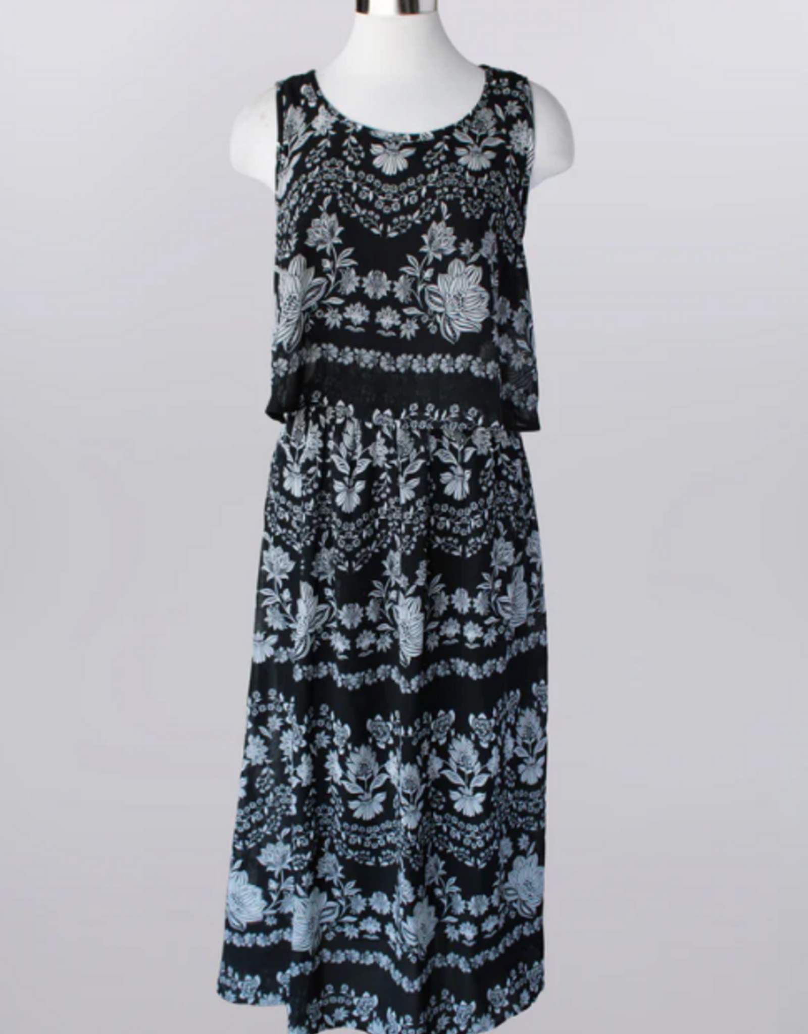 Keren Hart Keren Hart Black/White Print Tiered  Round Neck Sleeveless Dress