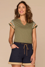 Democracy Democracy B9446LU3E Lily Pad Crochet Cap Sleeve Notched V-Neck Knit Top