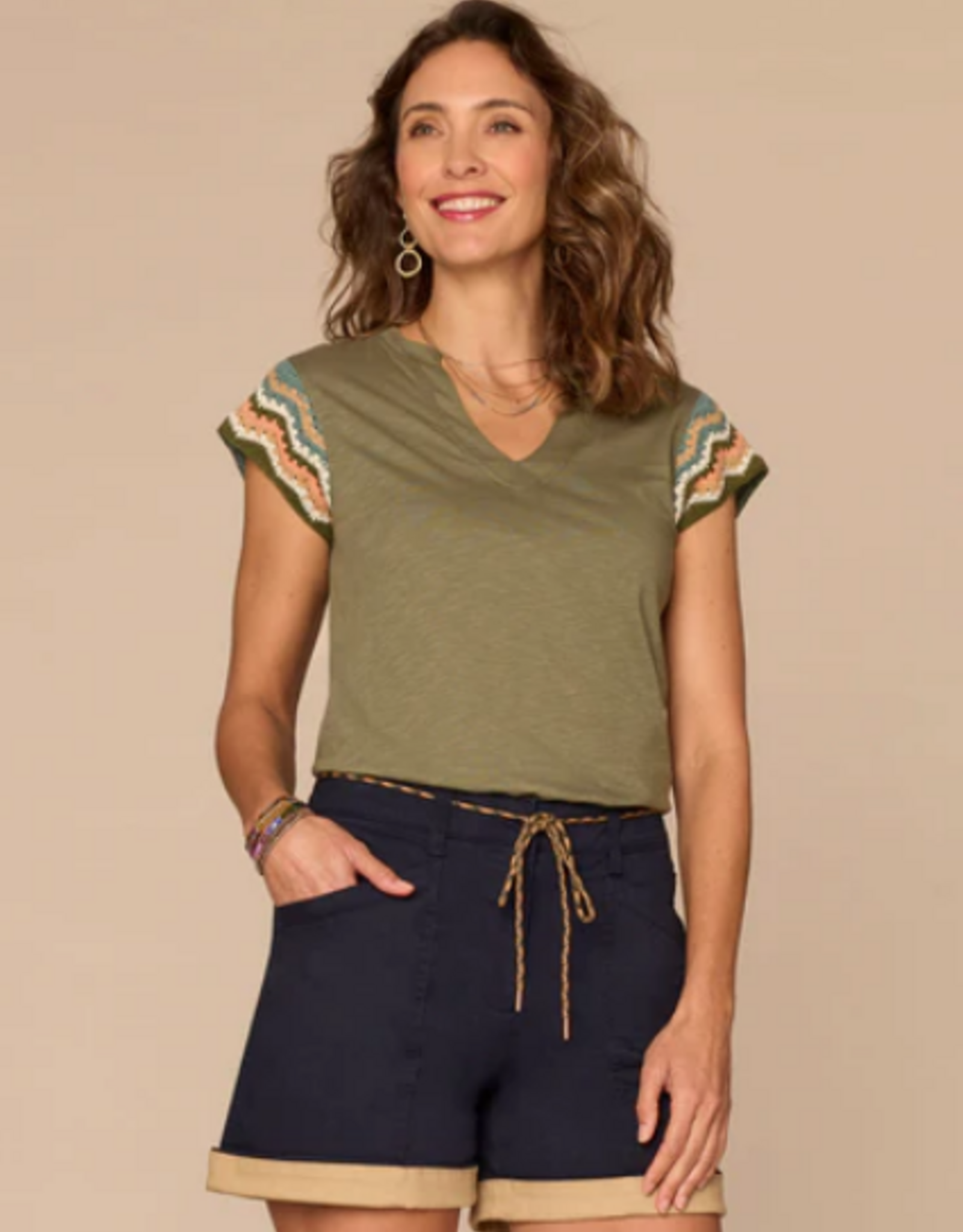 Democracy Democracy B9446LU3E Lily Pad Crochet Cap Sleeve Notched V-Neck Knit Top