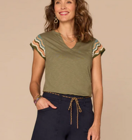 Democracy Democracy Lily Pad Crochet Cap Sleeve Notched V-Neck Knit Top