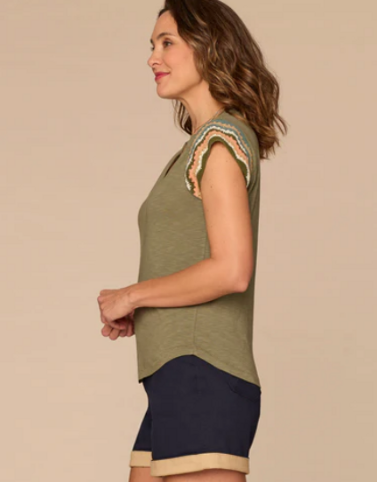 Democracy Democracy B9446LU3E Lily Pad Crochet Cap Sleeve Notched V-Neck Knit Top