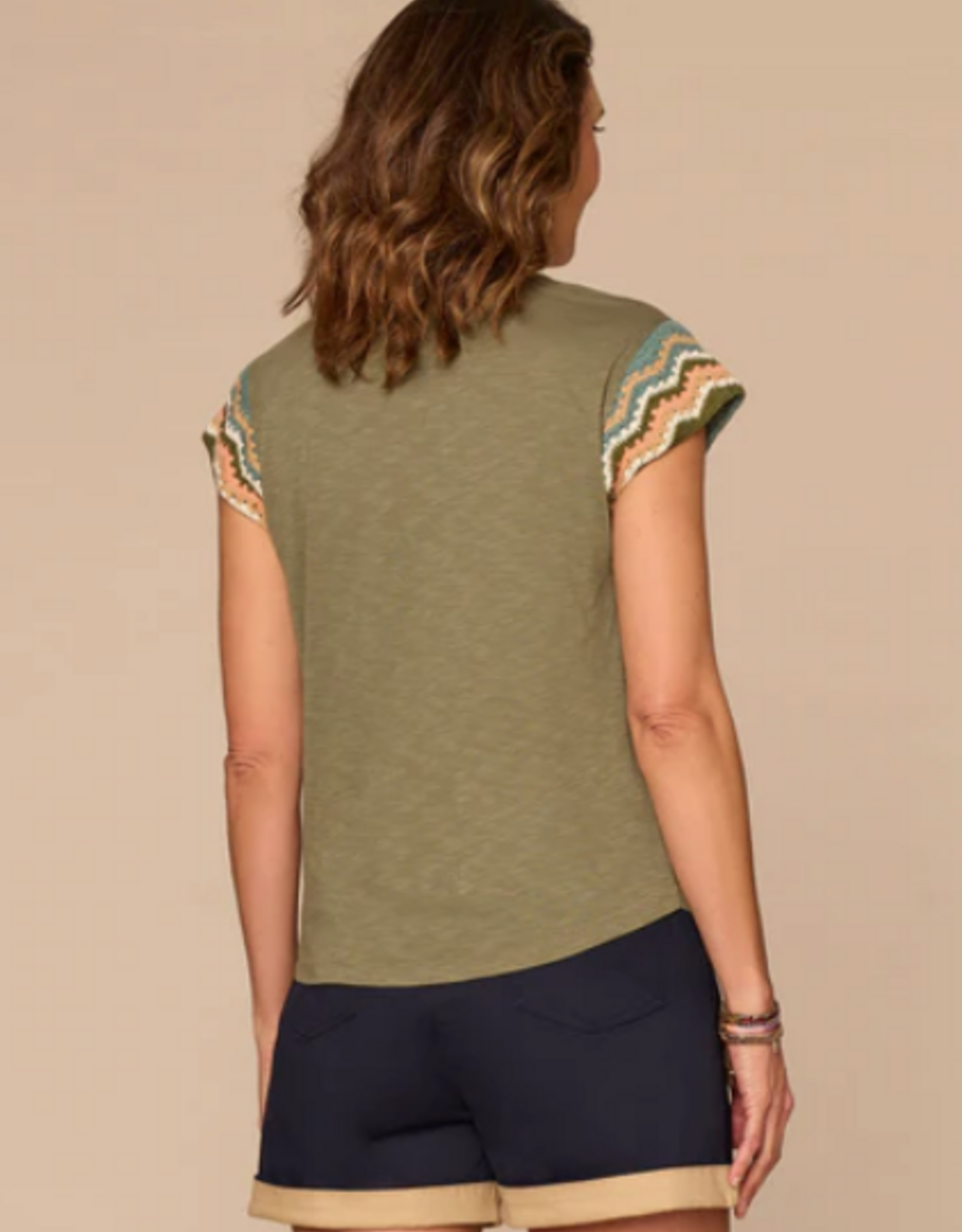 Democracy Democracy B9446LU3E Lily Pad Crochet Cap Sleeve Notched V-Neck Knit Top