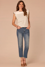 Democracy Democracy B6054NASW White/Moss Stripe Round Neck Crochet Ruffle Sleeve Top