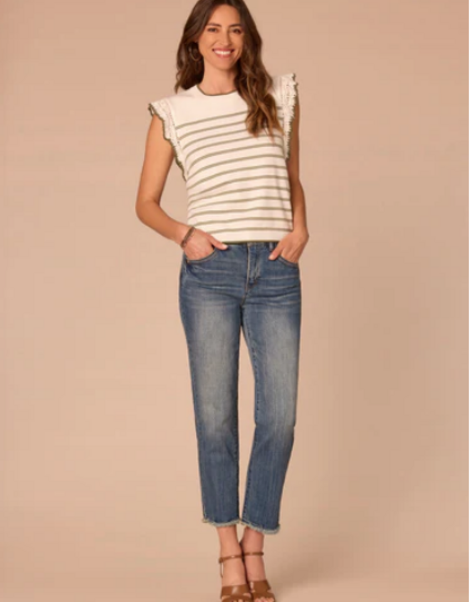 Democracy Democracy B6054NASW White/Moss Stripe Round Neck Crochet Ruffle Sleeve Top