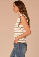 Democracy Democracy B6054NASW White/Moss Stripe Round Neck Crochet Ruffle Sleeve Top