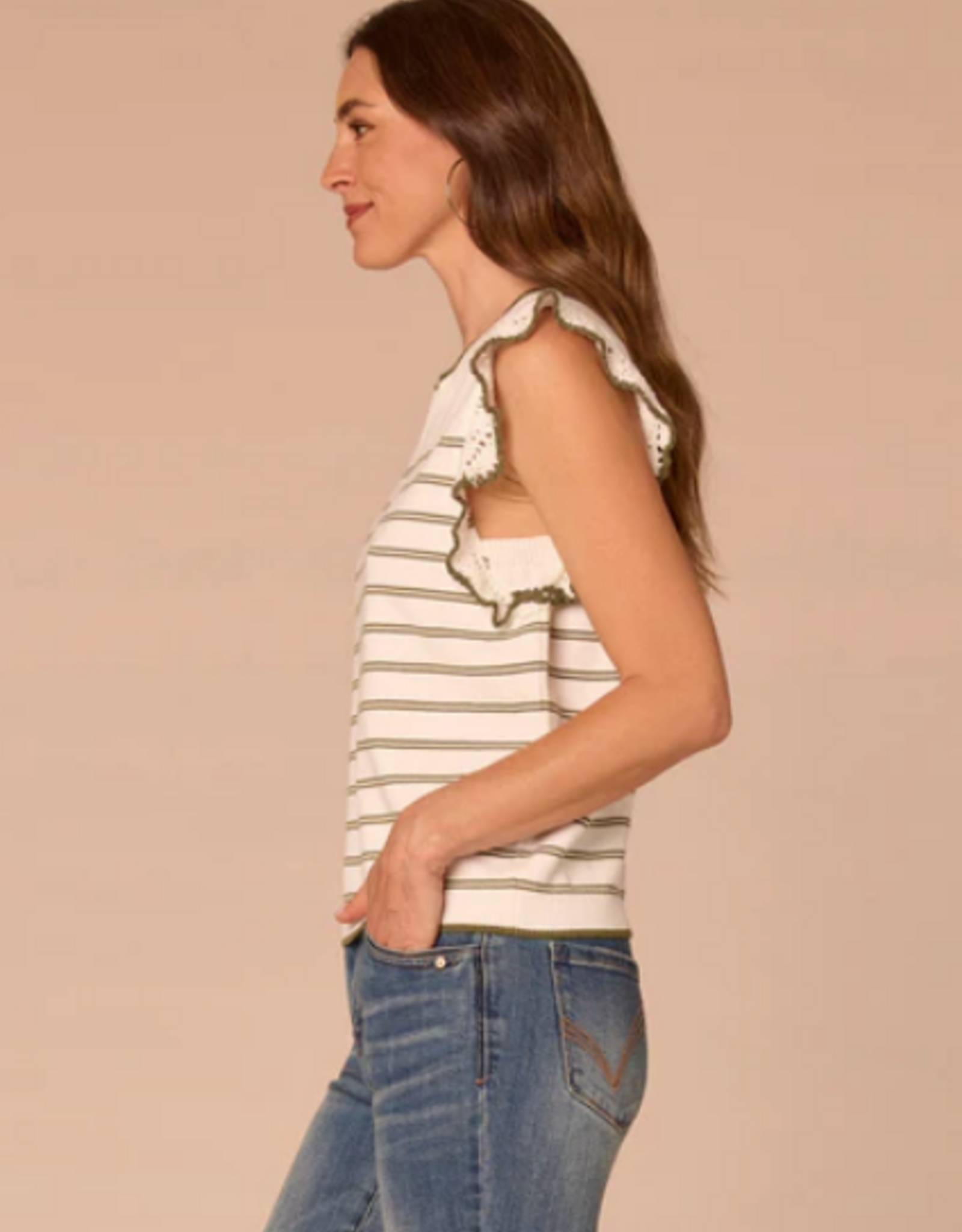 Democracy Democracy B6054NASW White/Moss Stripe Round Neck Crochet Ruffle Sleeve Top