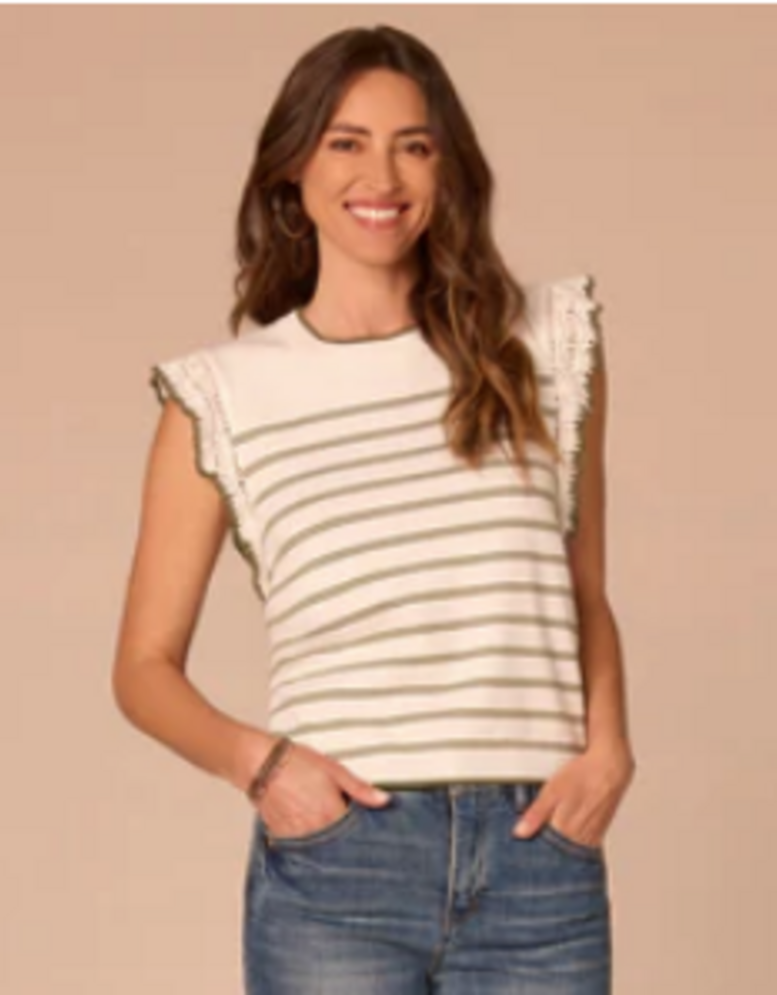 Democracy Democracy B6054NASW White/Moss Stripe Round Neck Crochet Ruffle Sleeve Top