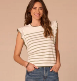 Democracy Democracy White/Moss Stripe Round Neck Crochet Ruffle Sleeve Top