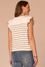 Democracy Democracy B6054NASW White/Moss Stripe Round Neck Crochet Ruffle Sleeve Top