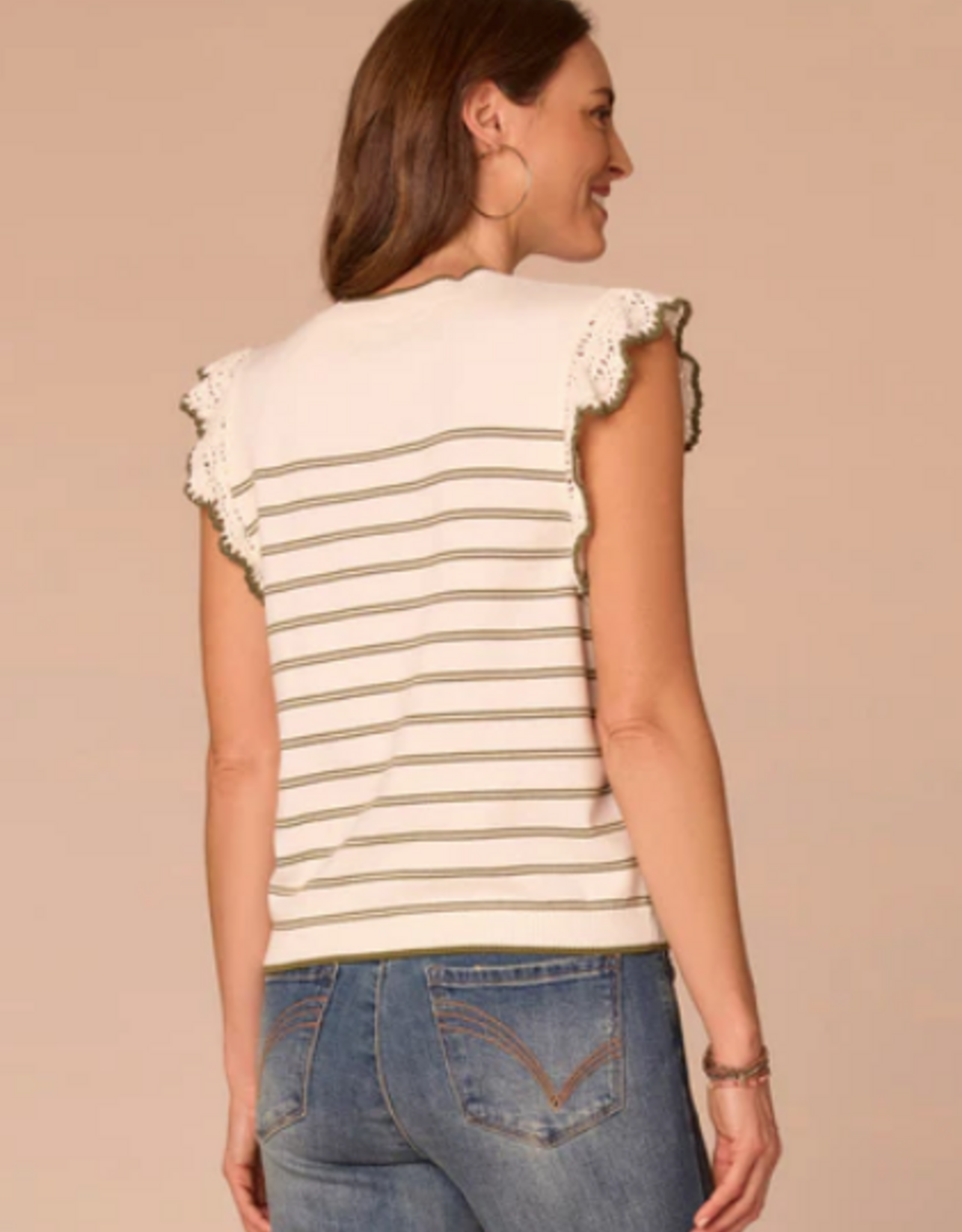 Democracy Democracy B6054NASW White/Moss Stripe Round Neck Crochet Ruffle Sleeve Top
