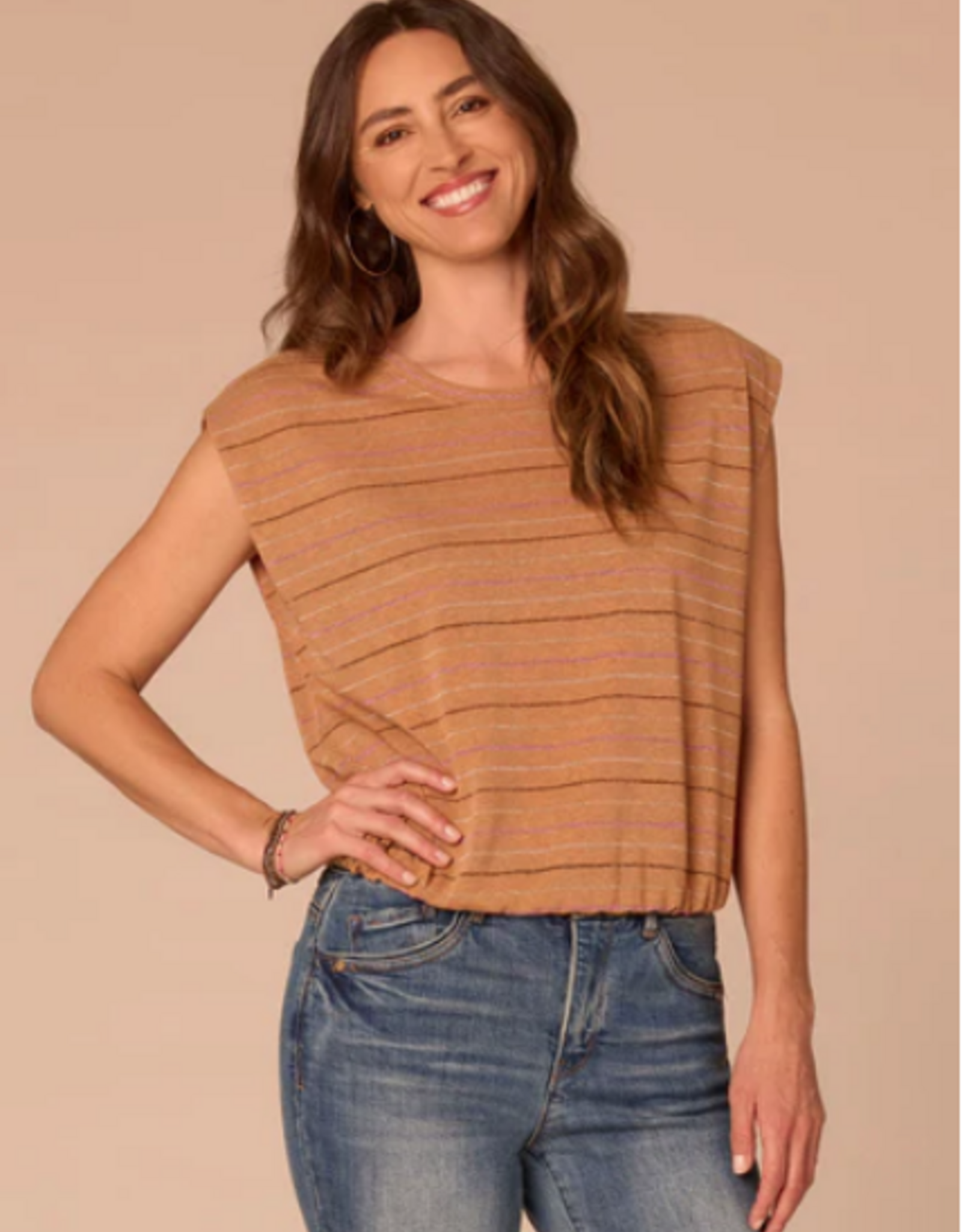 Democracy Democracy B7252OM3E Biscotti Metallic Stripe Scoop Neck Cap Sleeve Knit Top
