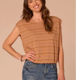 Democracy Democracy B7252OM3E Biscotti Metallic Stripe Scoop Neck Cap Sleeve Knit Top