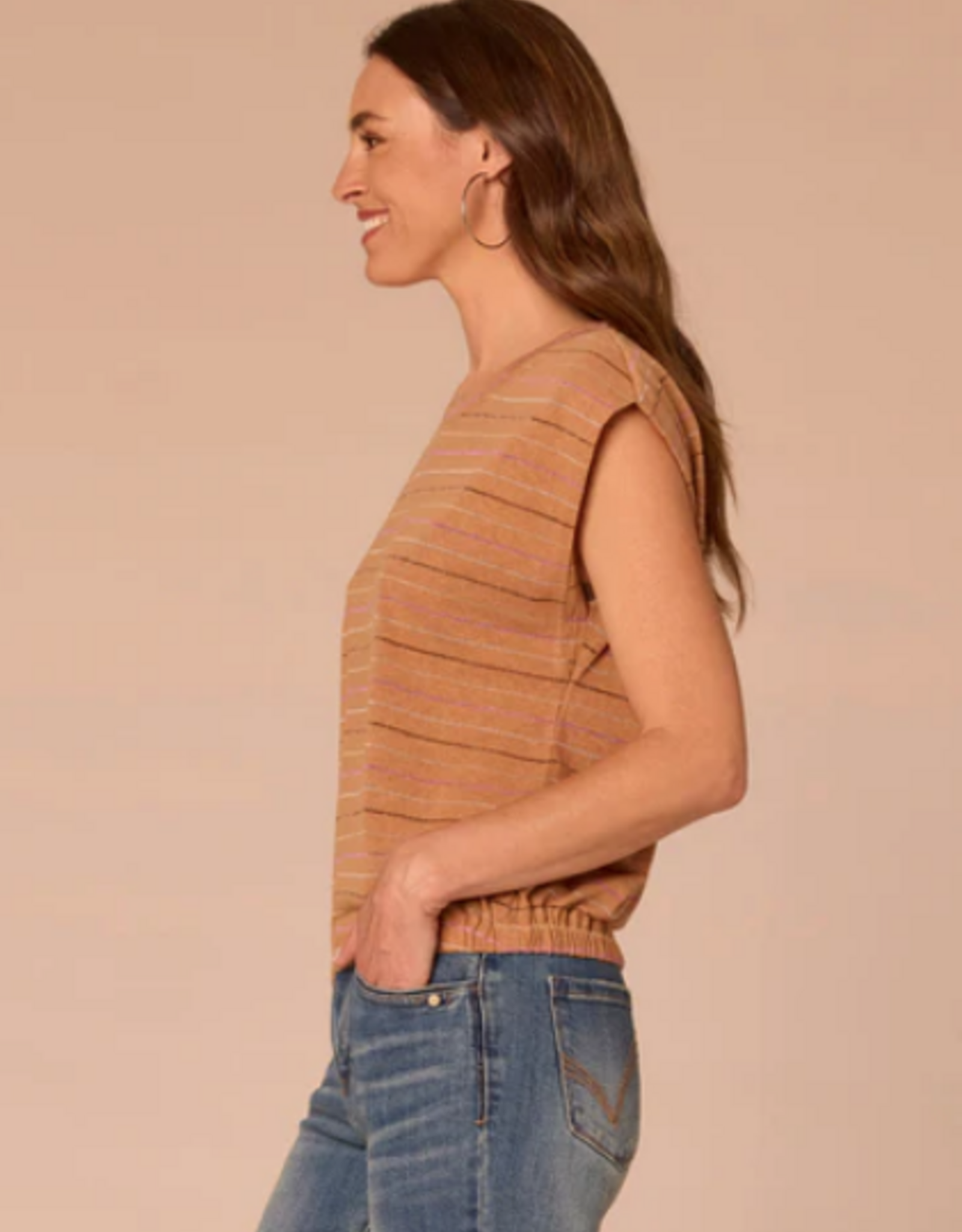 Democracy Democracy B7252OM3E Biscotti Metallic Stripe Scoop Neck Cap Sleeve Knit Top