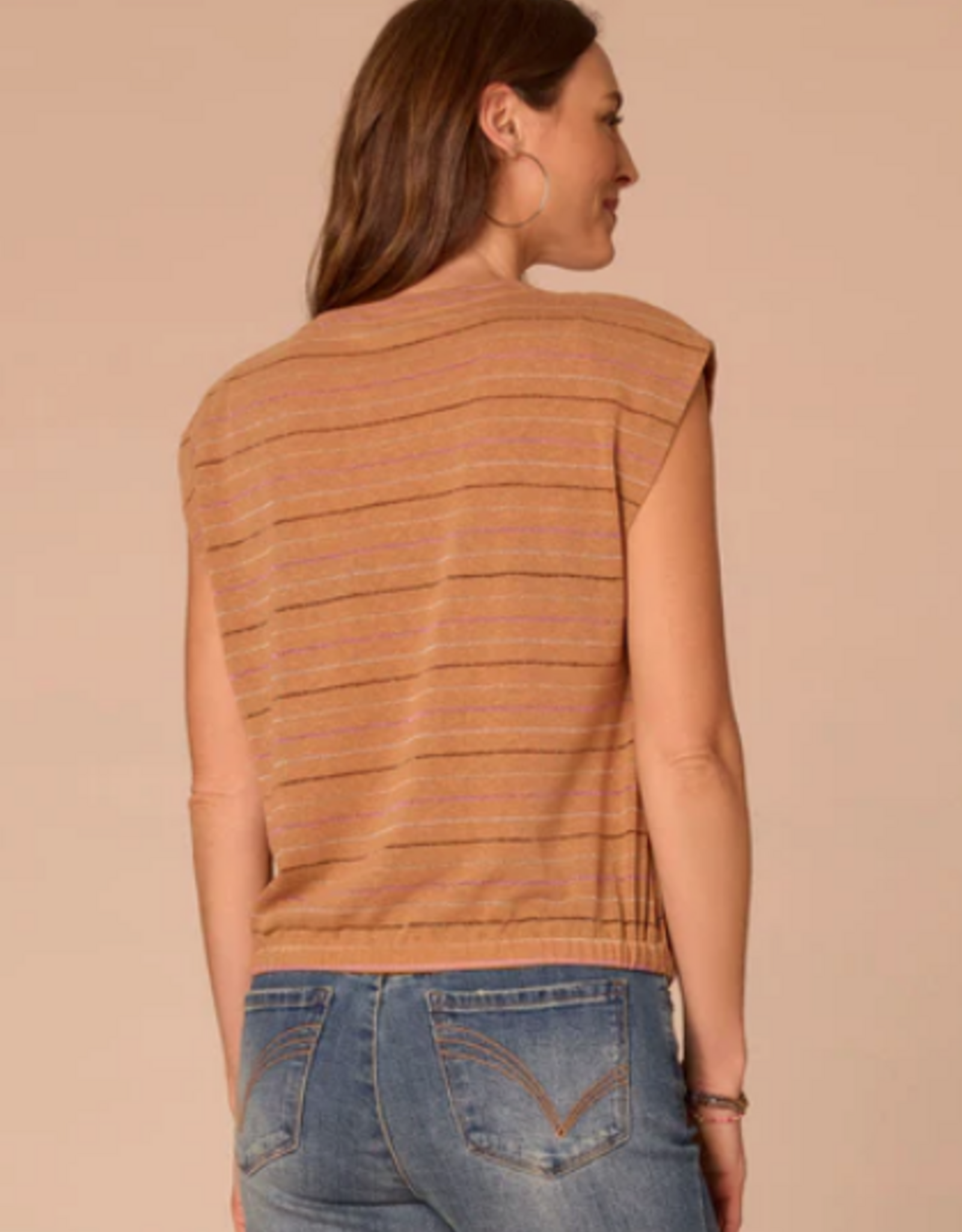 Democracy Democracy B7252OM3E Biscotti Metallic Stripe Scoop Neck Cap Sleeve Knit Top
