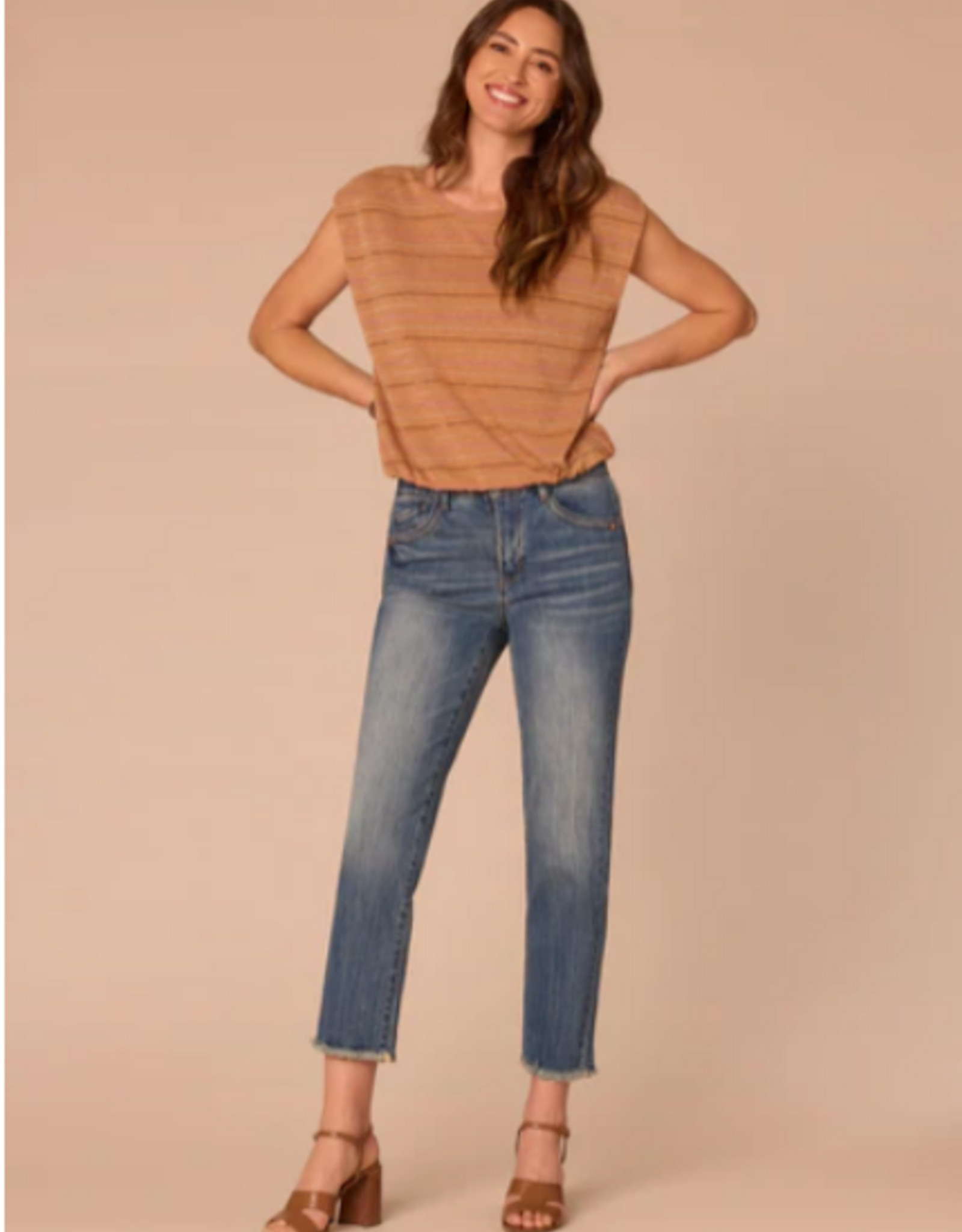 Democracy Democracy B7252OM3E Biscotti Metallic Stripe Scoop Neck Cap Sleeve Knit Top