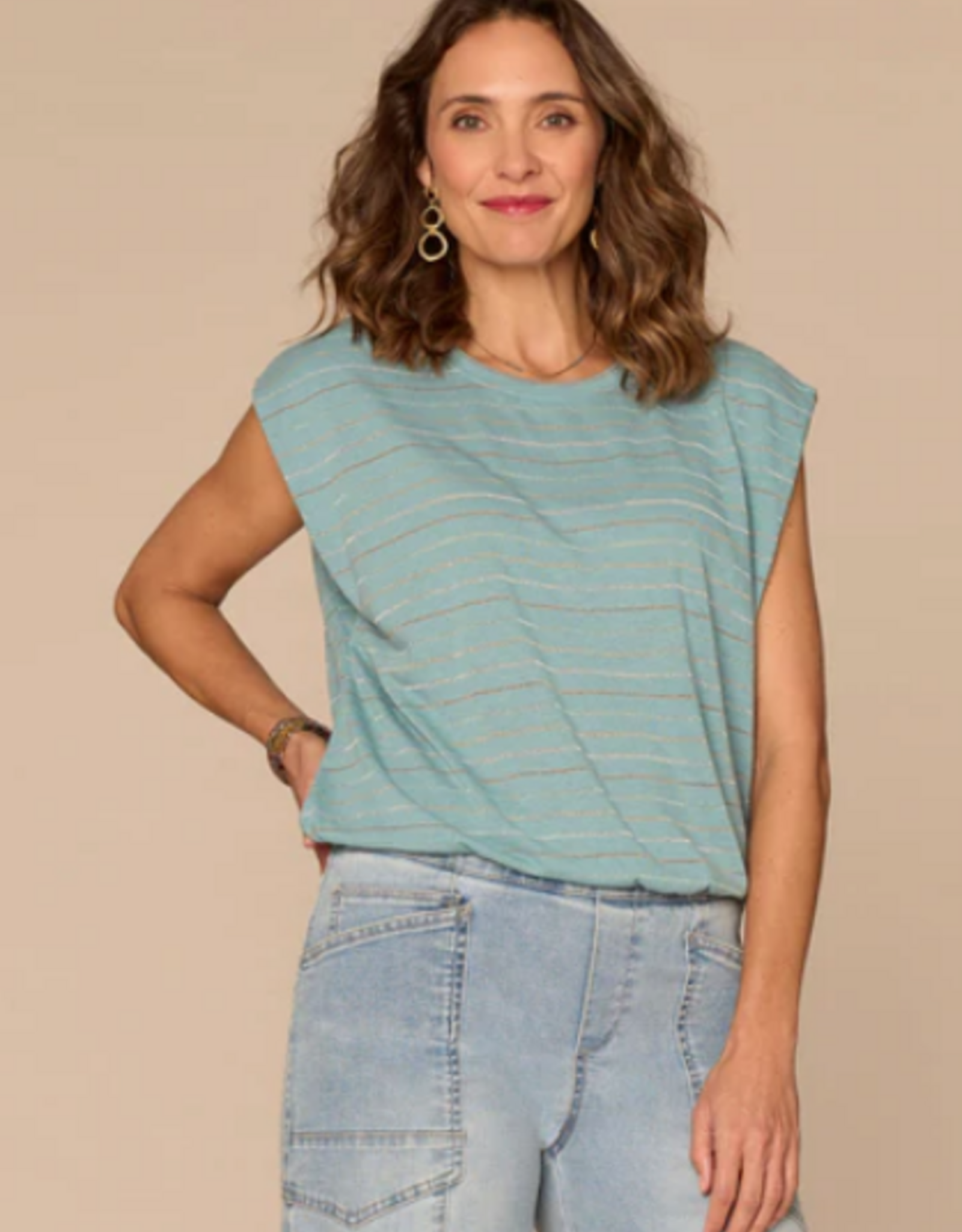 Democracy Democracy B7252OM3E Aqua Metallic Stripe Scoop Neck Cap Sleeve Knit Top