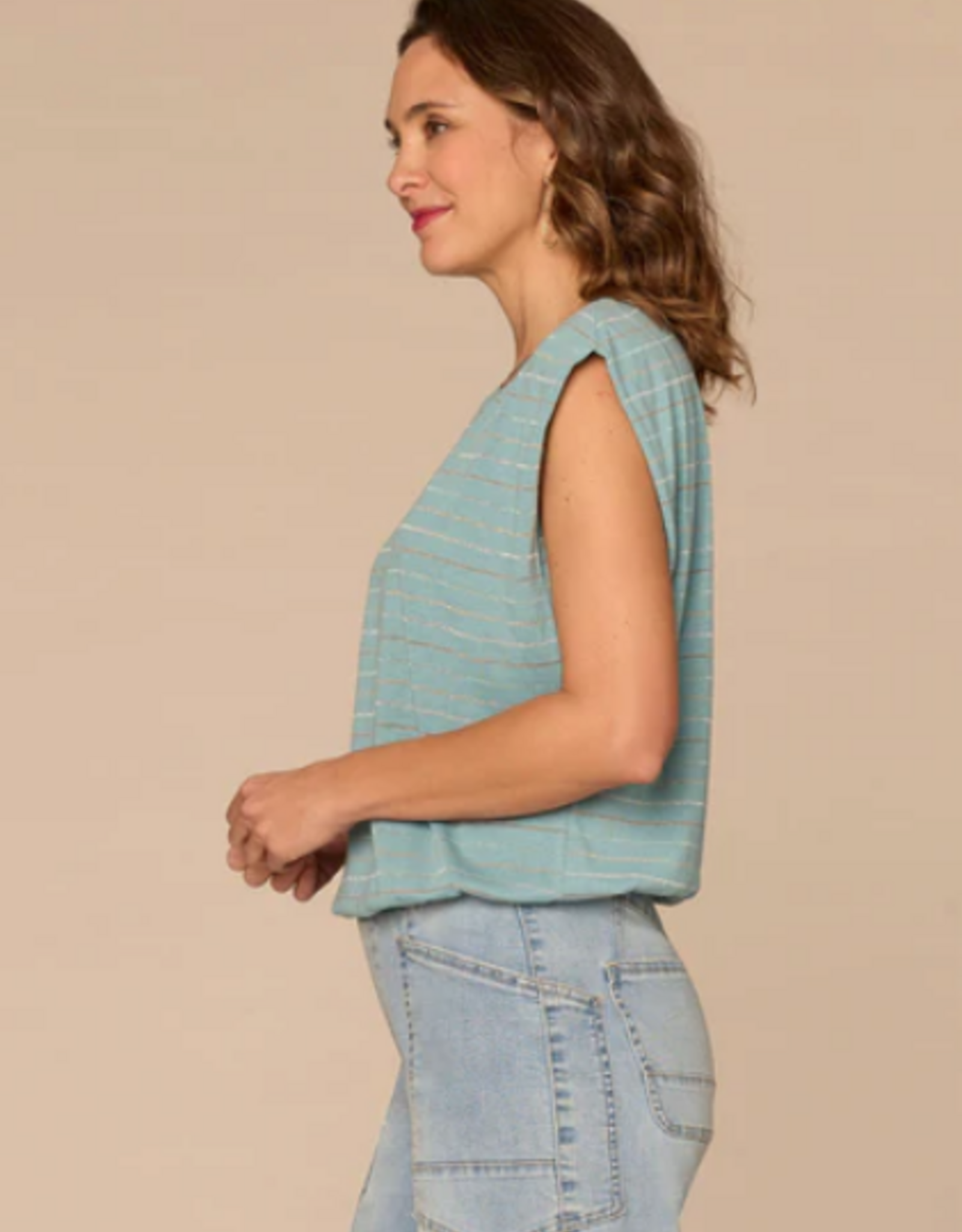 Democracy Democracy B7252OM3E Aqua Metallic Stripe Scoop Neck Cap Sleeve Knit Top