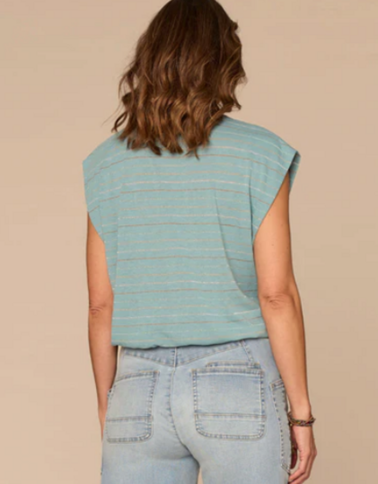 Democracy Democracy B7252OM3E Aqua Metallic Stripe Scoop Neck Cap Sleeve Knit Top