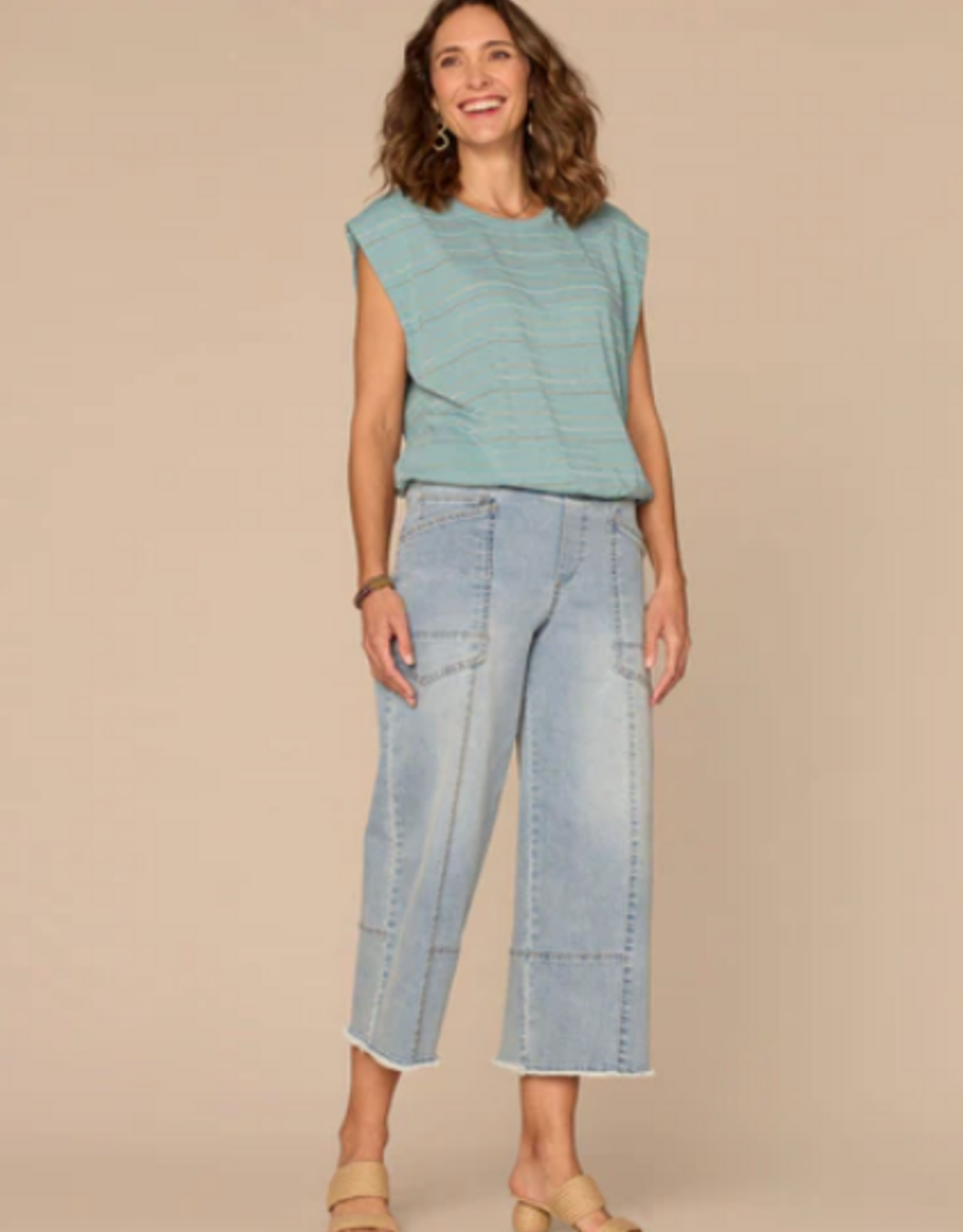 Democracy Democracy B7252OM3E Aqua Metallic Stripe Scoop Neck Cap Sleeve Knit Top