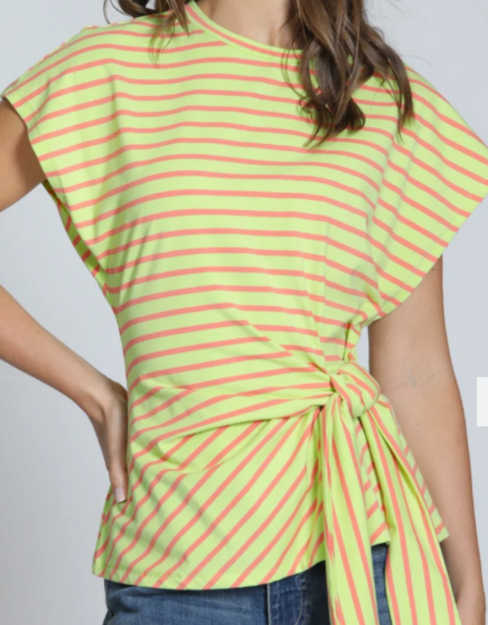 APNY APNY Citrine/Orange Stripe Cinched Waist Tie Short Sleeve Top