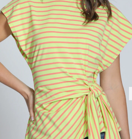 APNY APNY Citrine/Orange Stripe Cinched Waist Tie Short Sleeve Top
