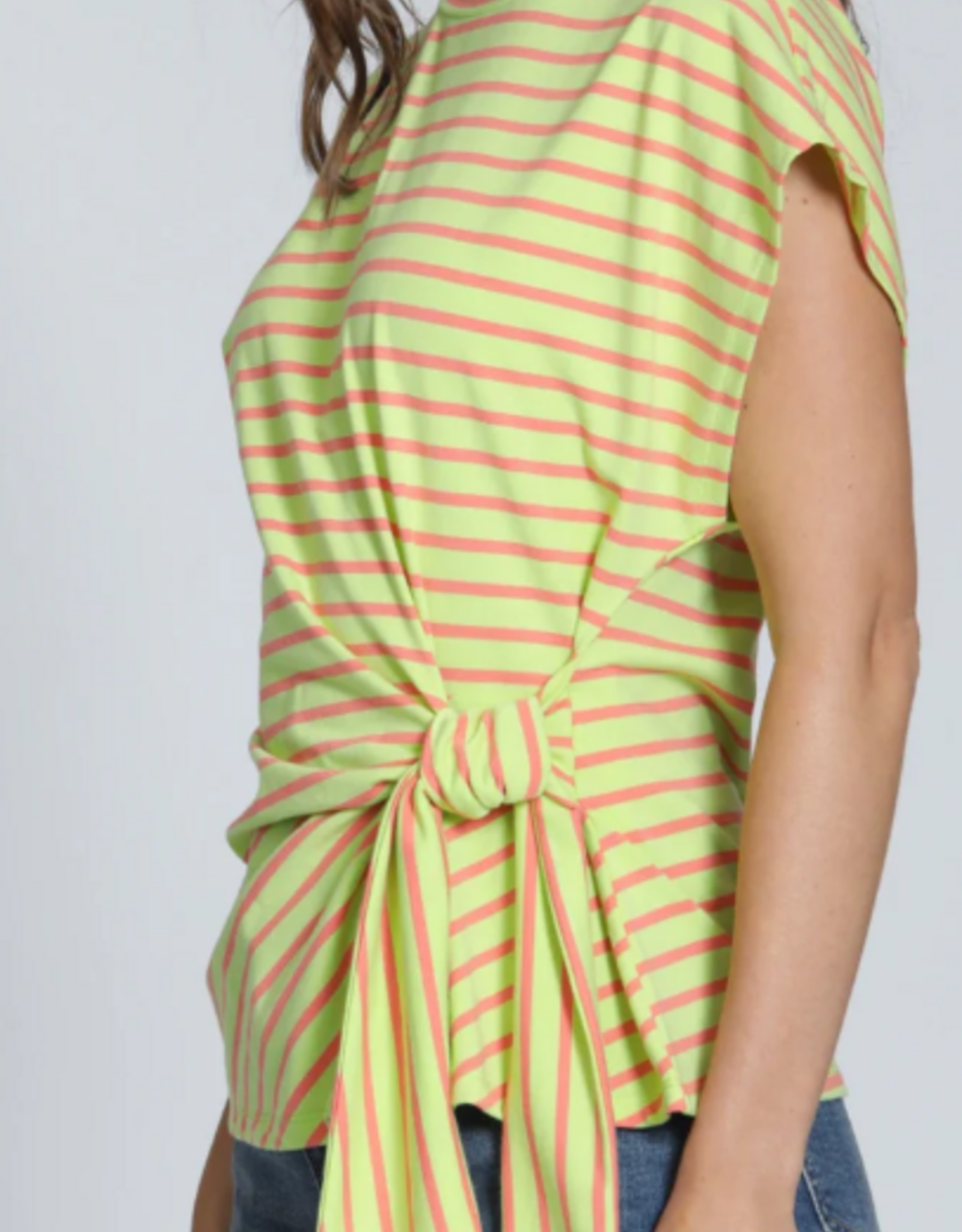 APNY APNY Citrine/Orange Stripe Cinched Waist Tie Short Sleeve Top