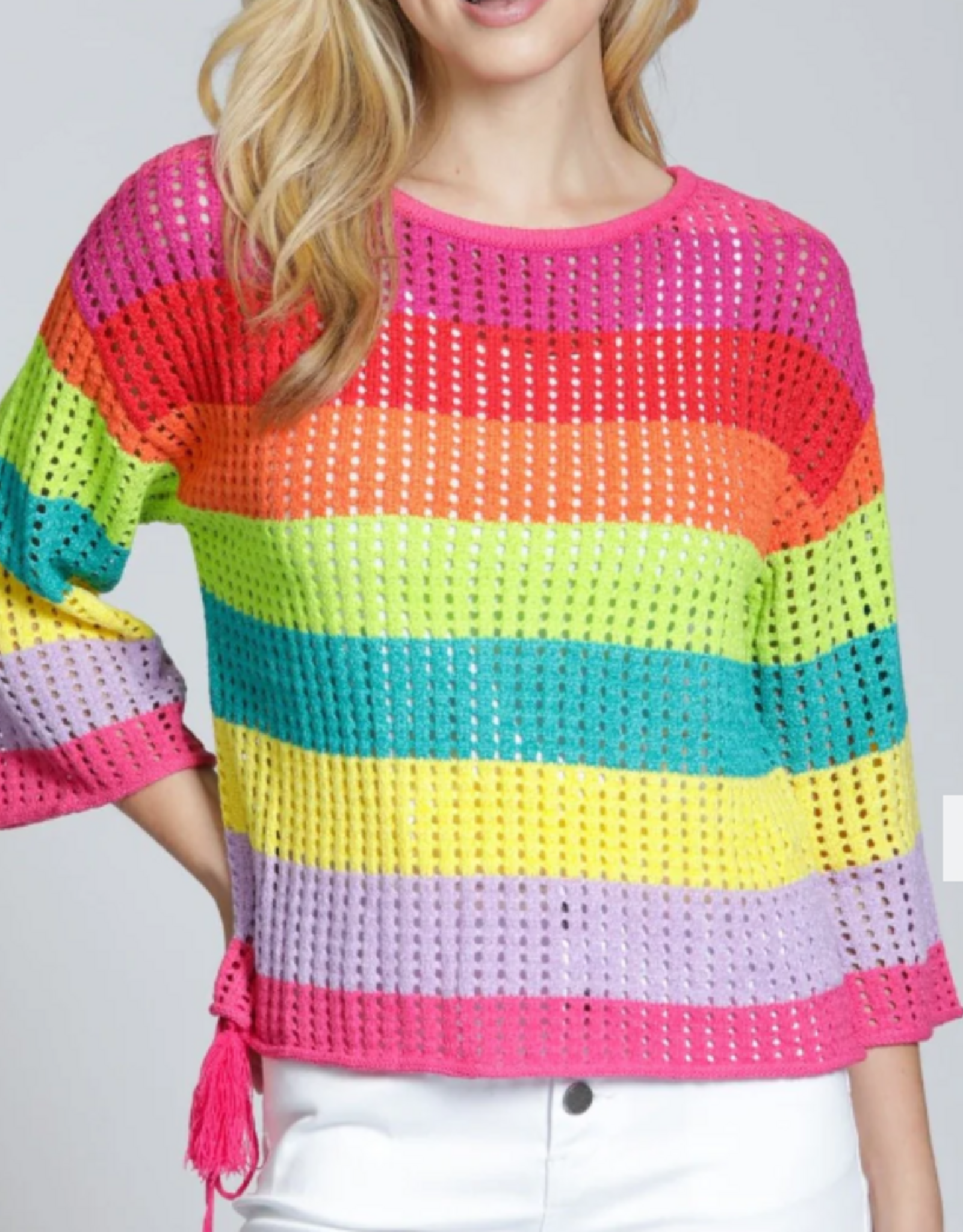 APNY APNY Pellow/Pink Multi Lattice Stripe  Crew Top