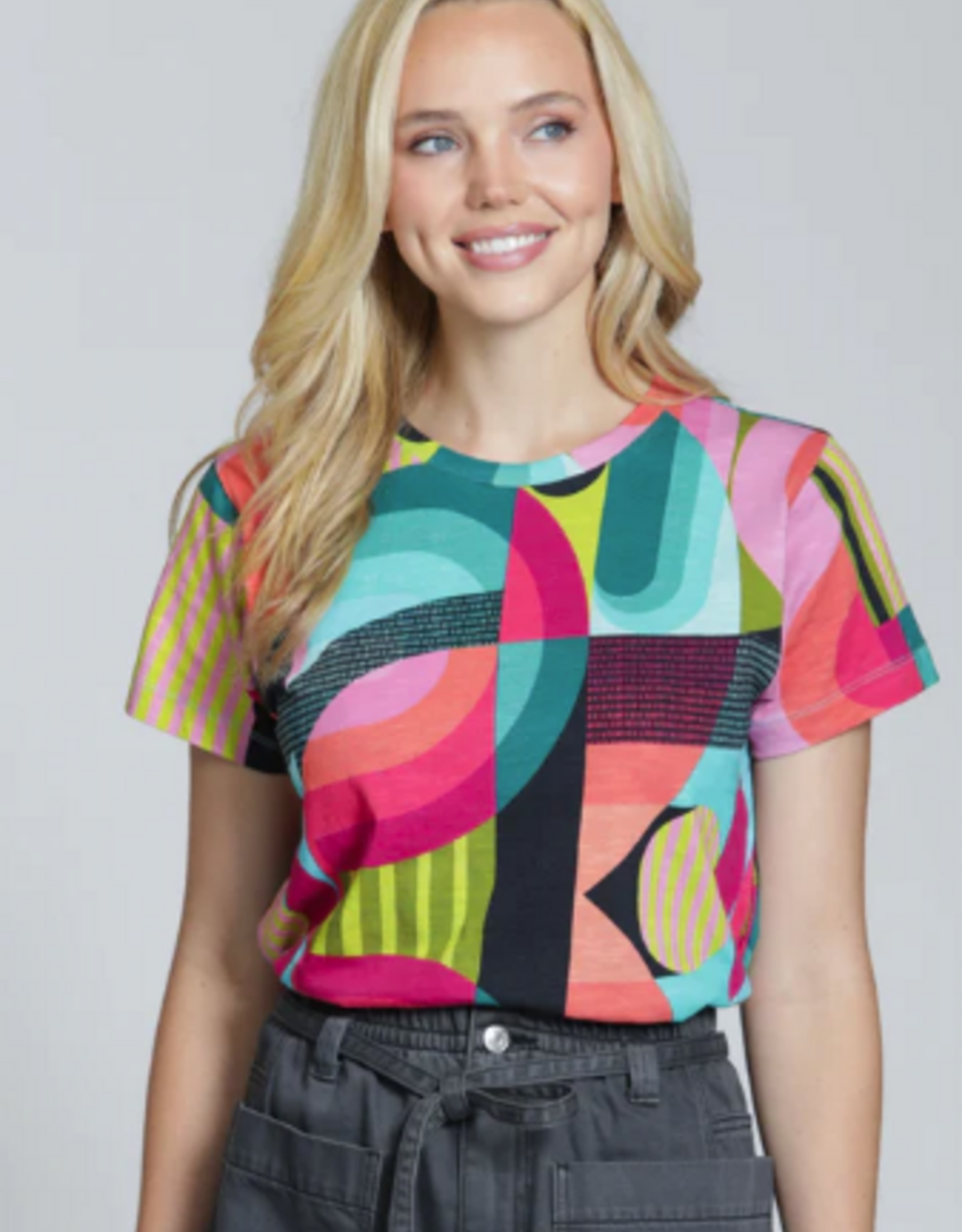 APNY APNY Turquoise Multi Color Block  Round Neck Short Sleeve Top