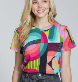 APNY APNY Turquoise Multi Color Block  Round Neck Short Sleeve Top