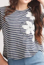 Papillon Papillon PT-20048 Blue Stripe Floral Applique Round Neck S/S Top