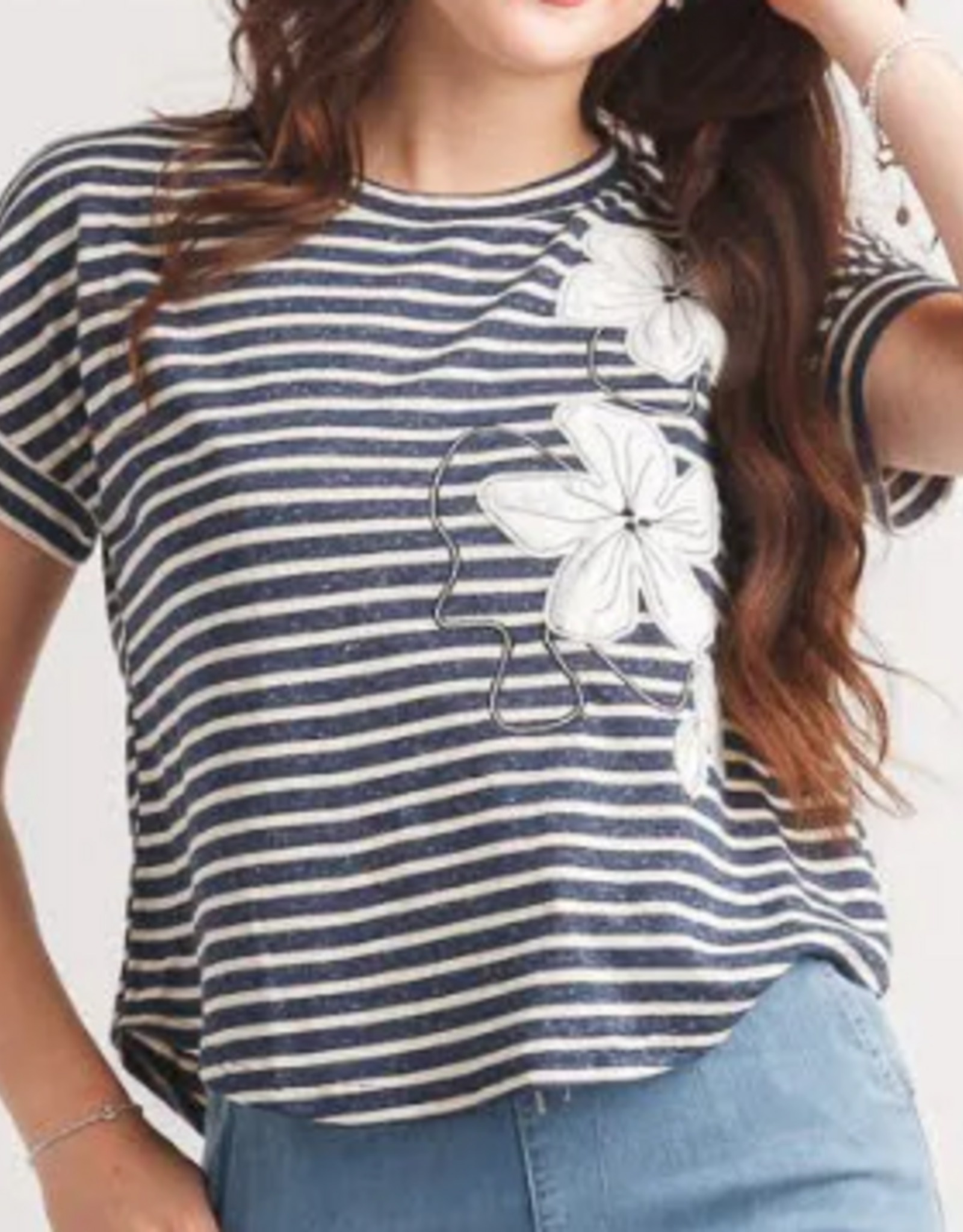 Papillon Papillon PT-20048 Blue Stripe Floral Applique Round Neck S/S Top