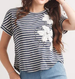 Papillon Papillon PT20042 Blue Stripe Floral Applique Round Neck S/S Top