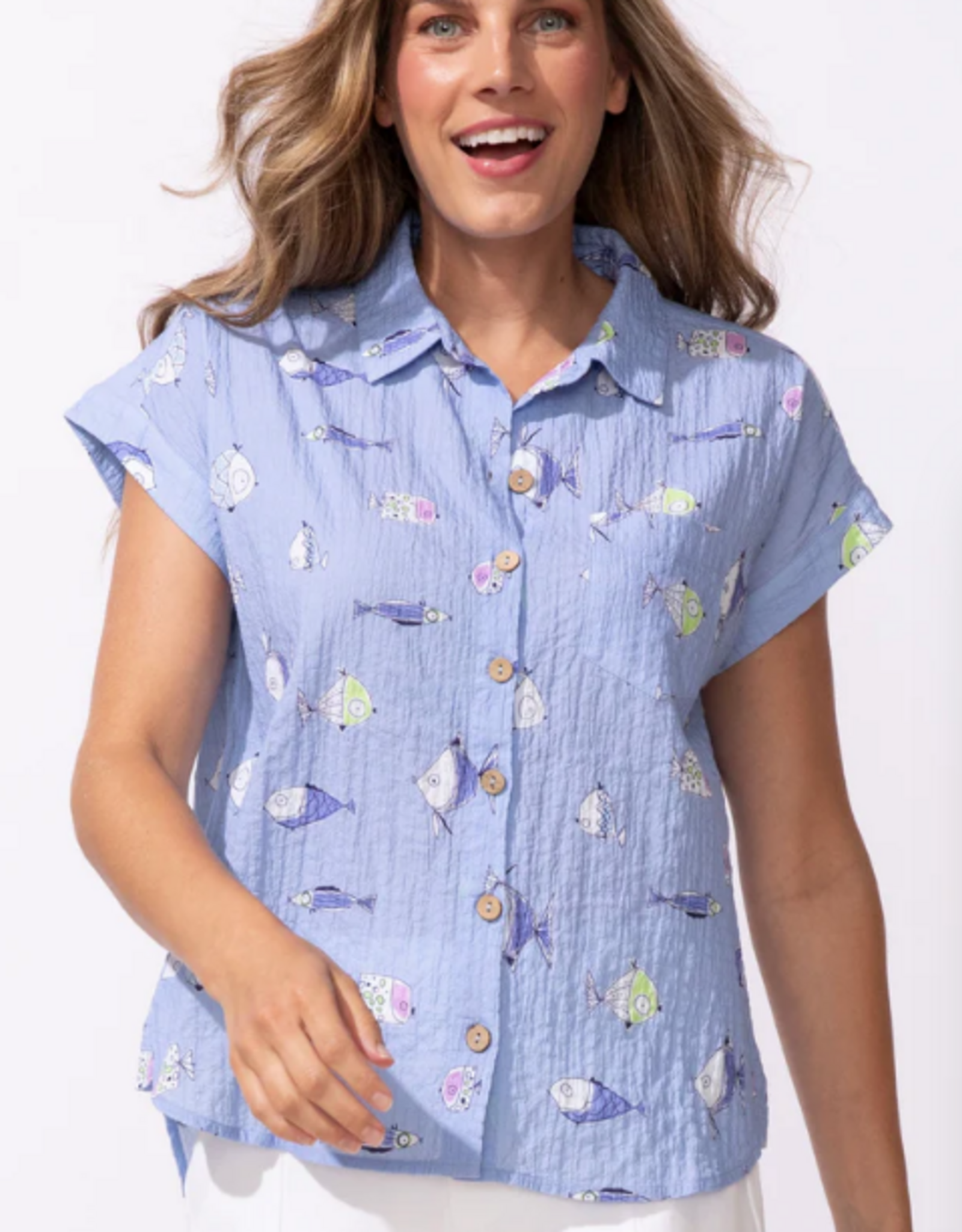 Escape Escape Gone Fishing Chill Short Sleeve Button Up Top
